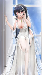 Rule 34 | 1girl, ahoge, azur lane, black hair, breasts, crossed bangs, dress, foot out of frame, highres, large breasts, long hair, looking at viewer, official alternate costume, parted lips, qing wu, red eyes, solo, standing, standing on one leg, taihou (azur lane), taihou (temptation on the sea breeze) (azur lane), thighhighs, white dress, white thighhighs