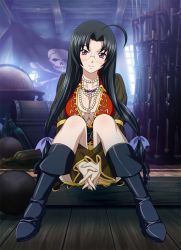 Rule 34 | 1girl, ahoge, black hair, boots, bottle, breasts, cleavage, female focus, full body, glasses, ikkitousen, jewelry, kaku bunwa, large breasts, long hair, looking at viewer, necklace, no bra, pearl necklace, see-through, see-through sleeves, sitting, skull and crossbones, smile, solo, treasure chest, twintails, weapon