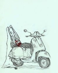 Rule 34 | blood, cable, chainsaw, monochrome, motor vehicle, no humans, scooter, side-view mirror, simple background, sketch, smr03, spot color, vehicle, vespa, yume 2kki