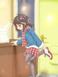 Rule 34 | 1girl, absurdres, alternate costume, arm support, bag, black hair, blue coat, coat, commentary request, contemporary, counter, cross-laced footwear, door, fang, foot out of frame, grey horns, grey pantyhose, grocery bag, highres, horns, indoors, kijin seija, leaning forward, leg lift, looking down, looking to the side, multicolored hair, open mouth, pantyhose, plaid, plaid scarf, plaid skirt, plastic bag, red eyes, removing shoes, scarf, shihasu toichi, shoes, shopping bag, skirt, sneakers, solo, standing, standing on one leg, streaked hair, touhou, window, winter clothes, winter coat