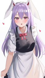 Rule 34 | 1girl, absurdres, alternate costume, animal ears, aohane, apron, black dress, bow, dress, enmaided, artistic error, frills, hair between eyes, heart, highres, long hair, maid, maid apron, maid headdress, open mouth, purple hair, rabbit ears, red bow, red eyes, reisen udongein inaba, short sleeves, solo, touhou, white apron, white background, wrong hand