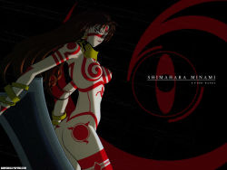 Rule 34 | 1990s (style), 1girl, ass, bodypaint, bracelet, breasts, brown hair, choker, earrings, jewelry, lipstick, long hair, lots of jewelry, makeup, naked paint, neo ranga, nude, red eyes, shimabara minami, solo, tribal, typo, wallpaper, watermark