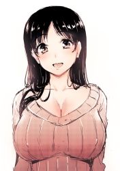Rule 34 | 1girl, :d, breasts, cleavage, female focus, kitiroku, large breasts, long hair, open mouth, ribbed sweater, smile, solo, sweater