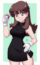 Rule 34 | 1girl, alternate eye color, armpits, bare shoulders, black dress, border, breasts, brown eyes, brown hair, clenched hand, creatures (company), dress, earrings, eyelashes, game freak, gloves, green (pokemon), green background, hand on own hip, hand up, happy, highres, holding, holding poke ball, jewelry, legs, long hair, looking at viewer, medium breasts, neck, nintendo, parted bangs, poke ball, pokemon, pokemon adventures, scott bennett, shiny clothes, shiny skin, short dress, side slit, sidelocks, signature, simple background, sleeveless, sleeveless dress, sleeveless turtleneck, smile, solo, standing, thighs, tight clothes, tight dress, turtleneck, turtleneck dress, white gloves