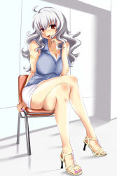 Rule 34 | 1girl, ahoge, armlet, breasts, cleavage, covered erect nipples, artistic error, feet, ganari ryuu, high heels, highres, jewelry, large breasts, legs, crossed legs, long hair, nail polish, necklace, open mouth, open shoes, original, pendant, purple nails, red eyes, sandals, shirt, shoes, silver hair, sitting, skirt, smile, solo, taut clothes, taut shirt, toeless footwear, toenail polish, toenails, toes, tongue