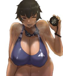 Rule 34 | 1girl, absurdres, bare shoulders, black hair, breasts, brown eyes, cleavage, coach, competition school swimsuit, covered erect nipples, curvy, dark-skinned female, dark skin, goggles, goggles around neck, highres, huge breasts, leaning forward, mature female, one-piece swimsuit, one eye closed, open mouth, original, puzenketsu, school swimsuit, short hair, stopwatch, swimsuit, tan, thighs, waan (puzenketsu), watch, water drop, wet, white background