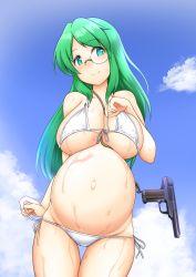 Rule 34 | 1girl, arm at side, big belly, bikini, blue eyes, breasts, cleavage, cloud, commentary request, cowboy shot, dead people, front-tie bikini top, front-tie top, glasses, green hair, gun, handgun, highres, large breasts, long hair, monocle, navel, original, outdoors, pregnant, side-tie bikini bottom, sidelocks, sky, solo, swimsuit, thighs, untying, weapon, weapon request, wet, wet clothes, white bikini