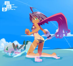 Rule 34 | 1girl, :&lt;, ahoge, ass, barefoot, bikini, black hair, breasts, cloud, day, dimples of venus, feet, from behind, green eyes, kneeling, looking at viewer, looking back, one-piece tan, original, outdoors, partially submerged, perspective, ripples, robot, scarf, shallow water, short hair, sky, small breasts, solo, submerged, sun tattoo, swimsuit, sword, tan, tan tattoo, tanline, tattoo, water, weapon, yabe makoto