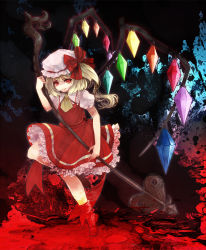 Rule 34 | 1girl, awa toka, bad id, bad pixiv id, blonde hair, blood, dress, female focus, flandre scarlet, hat, laevatein, red dress, red eyes, ribbon, shoes, side ponytail, smile, solo, embodiment of scarlet devil, touhou, weapon, wings
