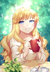 Rule 34 | 1girl, bare shoulders, beige sweater, blonde hair, blue eyes, blurry, blurry foreground, blush, breasts, coffee mug, collarbone, commentary request, cup, highres, holding, holding cup, idolmaster, idolmaster cinderella girls, idolmaster cinderella girls starlight stage, jenevan, large breasts, long hair, long sleeves, looking at viewer, mug, ohtsuki yui, parted lips, plant, smile, solo, table, wavy hair