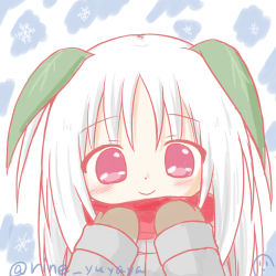 Rule 34 | 1girl, blush, brown mittens, closed mouth, coat, dutch angle, female focus, grey coat, hair between eyes, hands up, leaf, long sleeves, looking at viewer, mittens, original, purple eyes, red scarf, ri-net, scarf, smile, snowflakes, solo, twitter username, white background, white hair