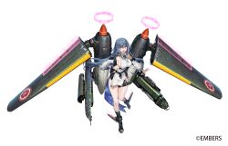 Rule 34 | 1girl, aircraft, airplane, arm at side, ash arms, black footwear, blue hair, boots, breasts, character request, copyright notice, detached sleeves, dress, fringe trim, full body, groin, hair between eyes, hand up, highres, knee boots, large breasts, legs apart, lino chang, long hair, long sleeves, looking at viewer, military, official art, pelvic curtain, pink eyes, raised eyebrows, rigging, short dress, shoulder boards, side slit, sidelocks, simple background, sleeveless, sleeveless dress, solo, straight-on, tachi-e, thighs, white background, white dress, white sleeves