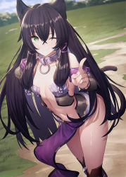 Rule 34 | 1girl, animal ears, bare shoulders, black hair, cat ears, cat girl, cat tail, collar, day, fang, flat chest, green eyes, hair between eyes, hand on own hip, ibuki notsu, index finger raised, isekai maou to shoukan shoujo no dorei majutsu, kneehighs, long hair, looking at viewer, midriff, navel, one eye closed, outdoors, pelvic curtain, rem galleu, revealing clothes, slave, smile, socks, solo, standing, stomach, tail, thighhighs, thighs, very long hair