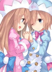 Rule 34 | 2girls, :d, ;), blue eyes, blue jacket, blue neckwear, blue ribbon, brown hair, buran buta, double-breasted, hat, highres, interlocked fingers, jacket, long hair, looking at another, multiple girls, neptune (series), one eye closed, open mouth, pink jacket, pink neckwear, pink ribbon, ram (neptunia), ribbon, rom (neptunia), short hair, siblings, simple background, sisters, smile, twins, white background