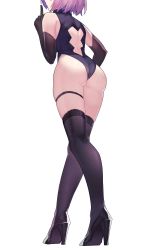 Rule 34 | 1girl, absurdres, ass, back cutout, black thighhighs, bodysuit, boots, clothing cutout, commission, elbow gloves, fate/grand order, fate (series), from below, gendo0032, gloves, head out of frame, high heels, highres, index finger raised, leotard, mash kyrielight, pink hair, short hair, simple background, skindentation, solo, standing, thigh boots, thigh strap, thighhighs, white background