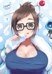 Rule 34 | 1girl, 2016, ?, artist name, bare shoulders, beads, black-framed eyewear, bottle, breasts, brown eyes, brown hair, cleavage, coat, collarbone, dated, dress, drone, eyebrows, feixiang c, floating, fur-trimmed jacket, fur coat, fur trim, glasses, hair bun, hair ornament, hair stick, hairpin, highres, holding, holding bottle, jacket, large breasts, lips, looking at viewer, mei (overwatch), open clothes, open jacket, overwatch, overwatch 1, parka, pink lips, polka dot, polka dot background, robot, short hair, sidelocks, single hair bun, smile, snowball (overwatch), snowflake hair ornament, solo, swept bangs, tank top, tongue, tongue out, upper body, winter clothes, winter coat