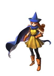 Rule 34 | 1girl, alena (dq4), black pantyhose, blue hat, boots, brown eyes, brown footwear, brown hair, clenched hand, closed mouth, dragon quest, dragon quest iv, dress, earrings, female focus, full body, gloves, hand on own hip, hat, highres, jewelry, jun (navigavi), long hair, looking at viewer, ornate, pantyhose, simple background, solo, standing, white background, yellow dress