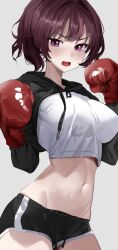 Rule 34 | 1girl, angry, black shorts, blush, boxing gloves, breasts, brown hair, commentary, crop top, grey background, hands up, hooded shrug, jururu, large breasts, midriff, multicolored hair, navel, open mouth, ori (0rizuru), purple eyes, purple hair, shorts, simple background, solo, stomach, streaked hair, teeth, two-tone hair, upper teeth only, v-shaped eyebrows, virtual youtuber, waktaverse