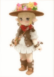 Rule 34 | 10s, 1girl, arrow (projectile), blonde hair, boots, bow (weapon), earrings, feral lemma, final fantasy, final fantasy xiv, flower, grey eyes, hat, highres, jewelry, lalafell, pointy ears, pouch, ring, scarf, short hair, skirt, smile, warrior of light (ff14), weapon, wristband