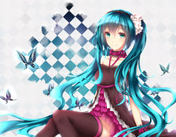 Rule 34 | 1girl, aqua eyes, aqua hair, bare shoulders, black thighhighs, bug, butterfly, closed mouth, collarbone, female focus, flower, gradient background, hair ornament, hairband, hatsune miku, highres, insect, long hair, looking at viewer, sitting, smile, solo, thighhighs, twintails, vocaloid, wsman, zettai ryouiki