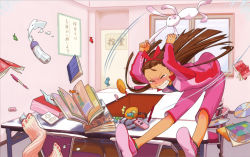 Rule 34 | 1girl, absurdres, annindoufu (oicon), book, bottle, brown hair, cd, cd case, chair, charles donatello the 18th, closed eyes, digital media player, earbuds, earphones, food, grabbing another&#039;s ear, grabbing another's ear, hairband, highres, holding by the ears, idolmaster, idolmaster (classic), jumping, long hair, magazine (object), minase iori, motion lines, notebook, official art, phone, pink footwear, pink legwear, shoes, solo, stuffed animal, stuffed rabbit, stuffed toy, sweets, table, tears, tissue, tissue box, towel, window