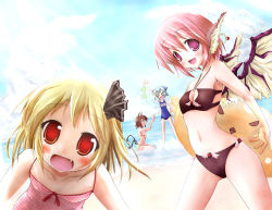 Rule 34 | &gt; &lt;, 4girls, animal ears, bad id, bad pixiv id, beach, bikini, blonde hair, blue hair, blush, bow, brown hair, chen, cirno, closed eyes, day, fang, female focus, hair bow, hair ribbon, multiple girls, multiple tails, mystia lorelei, name tag, one-piece swimsuit, outdoors, pink hair, red eyes, ribbon, rumia, scarlet (studioscr), school swimsuit, short hair, sky, swimsuit, tail, team 9 (touhou), touhou, wings