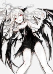 Rule 34 | 1girl, albino, bare arms, bare shoulders, black dress, black wings, collarbone, colored skin, commentary request, dress, hair between eyes, hasunokaeru, horns, long hair, looking at viewer, original, pale skin, parted lips, red eyes, sleeveless, sleeveless dress, solo, tongue, tongue out, very long hair, white hair, white skin, wings