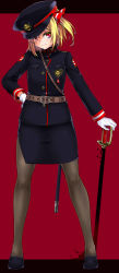 Rule 34 | 1girl, absurdres, alternate costume, belt, black pantyhose, blonde hair, blush, commentary request, darkness, formal, gloves, haiiro gundan, hair ribbon, hand on own hip, hat, highres, jacket, looking at viewer, military, military hat, military jacket, pantyhose, pencil skirt, red eyes, ribbon, rumia, saber (weapon), shoes, short hair, skirt, smile, solo, sword, touhou, weapon, white gloves