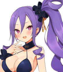 Rule 34 | 1girl, bare shoulders, black one-piece swimsuit, blush, breasts, cleavage, collarbone, fate/grand order, fate (series), highres, large breasts, long hair, looking at viewer, one-piece swimsuit, open mouth, purple eyes, purple hair, shimejirou (000kk), smile, solo, swimsuit, wu zetian (fate), wu zetian (swimsuit caster) (fate), wu zetian (swimsuit caster) (first ascension) (fate)