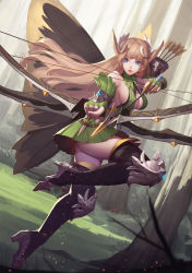 Rule 34 | 1girl, absurdres, arrow (projectile), ass, blue eyes, bow (weapon), brown hair, butterfly wings, crimson k night, drawing bow, dutch angle, elf, fingerless gloves, gloves, halterneck, helic (7317helic), highres, holding, holding bow (weapon), holding weapon, index finger raised, insect wings, original, parted lips, pointy ears, quiver, solo, standing, standing on one leg, thighhighs, tiptoes, tunic, weapon, wings