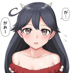 Rule 34 | 1girl, ahoge, black hair, blush, brown eyes, collarbone, cypress, dress, fake horns, flying sweatdrops, hair between eyes, horns, kantai collection, long hair, off-shoulder dress, off shoulder, oni horns, open mouth, portrait, red dress, simple background, smile, solo, speech bubble, twitter username, ushio (kancolle), white background