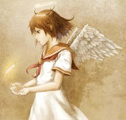 Rule 34 | 1girl, abe yoshitoshi, angel wings, brown eyes, brown hair, cowboy shot, cupping hands, dress, expressionless, feathered wings, feathers, floating hair, from side, glowing, haibane renmei, hair between eyes, halo, hands up, light, looking away, looking down, neckerchief, official art, own hands together, parted lips, profile, rakka (haibane), red neckerchief, red sailor collar, sailor collar, sailor dress, sepia, sepia background, short hair, short sleeves, solo, static cling, white dress, white wings, wings