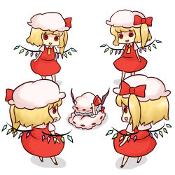 Rule 34 | 2girls, arms up, bat wings, batta (ijigen debris), blonde hair, blue hair, charisma guard, chibi, clone, cowering, female focus, flandre scarlet, from behind, hands on headwear, hat, hat ribbon, looking at another, multiple girls, necktie, open mouth, red eyes, remilia scarlet, ribbon, shadow, short hair, side ponytail, simple background, skirt, touhou, vest, white background, wings, yandere
