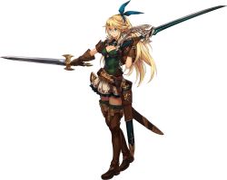 Rule 34 | 1girl, belt, blonde hair, blue eyes, breasts, cleavage, cryptract, dual wielding, gloves, holding, holding sword, holding weapon, long hair, medium breasts, official art, sasha, sheath, simple background, skirt, smile, solo, sword, weapon, white background