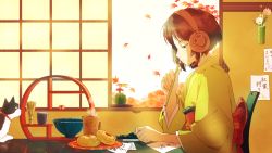 Rule 34 | 1girl, album cover, autumn leaves, bamboo, blue eyes, brown hair, cat, chair, cover, cup, day, food, headphones, indoors, japanese clothes, kimono, matsumine (twin-mix), mug, official art, profile, short hair, solo, table, yellow kimono