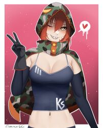 Rule 34 | 1girl, black camisole, breasts, camisole, darkpulsegg, detached sleeves, facial mark, girls&#039; frontline, ks-23 (girls&#039; frontline), large breasts, messy hair, midriff, open clothes, orange hair, sharp teeth, simple background, smile, stomach, teeth, yellow eyes