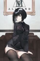 1girl allmind_(armored_core_6) armored_core armored_core_vi:_fires_of_rubicon black_hair black_jacket black_necktie black_shirt black_thighhighs breasts brown_eyes collared_shirt commentary_request couch earrings formal_clothes jacket jewelry large_breasts long_sleeves looking_at_viewer miniskirt mole mole_under_eye nakamura_nagare necktie on_couch open_mouth pencil_skirt shirt short_hair sitting skirt solo suit thighhighs thighs