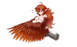 Rule 34 | 1girl, ahoge, bankage, bird legs, blush, bright pupils, brown feathers, brown hair, brown wings, commentary, commission, egg, feathered wings, feathers, gradient wings, green eyes, hair over one eye, harpy, heart, hugging object, long hair, monster girl, multicolored wings, nude, orange feathers, orange wings, original, pointy ears, simple background, smile, solo, talons, very long ears, white background, winged arms, wings