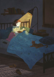 Rule 34 | 1girl, animal, aqua eyes, bed, bed frame, bedroom, blanket, window blinds, bob cut, book, book stack, brown footwear, brown hair, cable, cat, cellphone, closed mouth, cup, cushion, dark, drawstring, drink, floor, fringe trim, from side, green hoodie, half-closed eyes, hands up, headphones, holding, holding book, hood, hood down, hoodie, indoors, jitome, lamp, light, light particles, looking away, looking down, monaka (siromona), mug, night, nightstand, no lineart, no nose, on bed, open book, original, phone, pillow, reading, rug, shelf, sitting, slippers, unworn slippers, smartphone, smile, solo, stuffed animal, stuffed dinosaur, stuffed toy, swept bangs, tassel, tea, teabag, triangle print, turning page, under covers, window, wooden floor