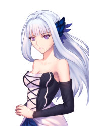 Rule 34 | 1girl, bad id, bad pixiv id, bare shoulders, black detached sleeves, breasts, cleavage, collarbone, cross-laced clothes, detached sleeves, fateline alpha, feathers, female focus, gwendolyn (odin sphere), hair intakes, hair ornament, feather hair, highres, lips, looking at viewer, medium breasts, neck, odin sphere, purple eyes, serious, silver hair, simple background, solo, strapless, white background