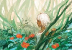 Rule 34 | 1girl, bad drawr id, bad id, bare arms, branch, breasts, dress, flower, leaf, nature, oekaki, original, outdoors, red flower, short hair, skywalker, small breasts, solo, standing, tree, upper body, white dress, white hair