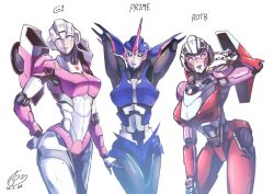 Rule 34 | 3girls, arcee, armpits, arms behind head, black sclera, blue eyes, colored sclera, commentary, dated, english commentary, head tilt, highres, leaning forward, looking at viewer, multiple girls, multiple persona, ongget1, piston, signature, smile, transformers, transformers: generation 1, transformers: rise of the beasts, transformers (live action), transformers prime, v, white background, white eyes