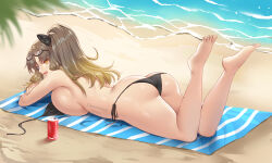 Rule 34 | 1girl, absurdres, ass, barefoot, beach, beach towel, bikini, black bikini, blue eyes, blurry, bow, breasts, brown hair, butt crack, can, commission, day, depth of field, drawing, drink can, eyewear on head, feet, feet up, gradient hair, hair bow, heterochromia, highres, huge breasts, large breasts, long hair, lying, multicolored hair, ocean, on stomach, open mouth, original, outdoors, shirasiyuki, sideboob, smile, soda can, solo, swimsuit, the pose, thighs, toes, towel, watermark, yellow eyes