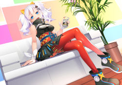 Rule 34 | 1girl, blue eyes, blurry, breasts, cleavage, cleavage cutout, clothing cutout, couch, depth of field, dress, full body, hair ornament, highres, indoors, kaguya luna, looking at viewer, medium breasts, obi, on couch, open mouth, plant, potted plant, sash, shiro ami, silver hair, sitting, sleeveless, sleeveless dress, smile, solo, strong zero, teeth, the moon studio, thighhighs, twintails, virtual youtuber, wooden floor, zettai ryouiki