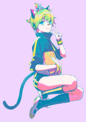 Rule 34 | 1boy, animal ears, bandaid, bandaid on face, bandaid on nose, blonde hair, blue eyes, buruma, cat ears, cat tail, crossdressing, full body, hair ornament, hairclip, headset, jacket, kagamine len, looking at viewer, male focus, naoko (naonocoto), purple background, shoes, simple background, smile, solo, tail, uwabaki, v, vocaloid