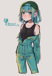 Rule 34 | 1girl, :/, arrow (symbol), backwards hat, bare shoulders, black tank top, blue eyes, blue hair, blunt bangs, blush, breasts, character name, collarbone, commentary request, contrapposto, cropped legs, grey background, hair behind ear, hair bobbles, hair ornament, hat, highres, jumpsuit, kawashiro nitori, looking at viewer, medium hair, off shoulder, petite, pudding modoki, simple background, small breasts, solo, tank top, touhou, two side up