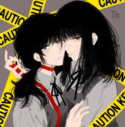 Rule 34 | 2girls, absurdres, animal collar, blush, chainsaw man, closed mouth, collar, facial scar, gcj, grey eyes, highres, holding, light blush, long hair, mitaka asa, multiple girls, open mouth, orange eyes, red eyes, ringed eyes, scar, scar on cheek, scar on face, school uniform, short twintails, simple background, sweatdrop, tongue, tongue out, twintails, yoru (chainsaw man)