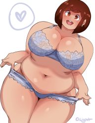 Rule 34 | 1girl, belly, bra, breasts, brown eyes, brown hair, cleavage, earrings, heart, huge breasts, jewelry, lightsource, open mouth, panties, plump, purin (lightsource), smile, solo, thick eyebrows, thick thighs, thighs, underwear, underwear only, wide hips