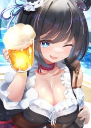 Rule 34 | 1girl, :d, absurdres, akiba monaka, alcohol, animal ears, beach, beer, beer mug, black hair, blue eyes, breasts, choker, cleavage, commentary request, cup, day, dirndl, eishin flash (umamusume), frilled sleeves, frills, german clothes, hair ribbon, highres, holding, holding cup, holding tray, horse ears, large breasts, leaning forward, looking at viewer, mug, one eye closed, open mouth, outdoors, red choker, ribbon, short hair, smile, solo, tray, umamusume, upper body