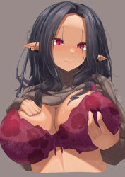 Rule 34 | 1girl, absurdres, black hair, blush, bra, bra strap, breasts squeezed together, breasts, buchio b, cleavage, closed mouth, clothes lift, commentary request, dark-skinned female, dark elf, dark skin, dot nose, ear piercing, earrings, elf, floral print, forehead, grey background, hair over shoulder, hand on own chest, highres, huge breasts, jewelry, lace, lace-trimmed bra, lace trim, long hair, long sleeves, original, piercing, pointy ears, red bra, red eyes, rose print, shadow, simple background, solo, sparkle, sweat, sweater, sweater lift, underwear, upper body, wavy mouth